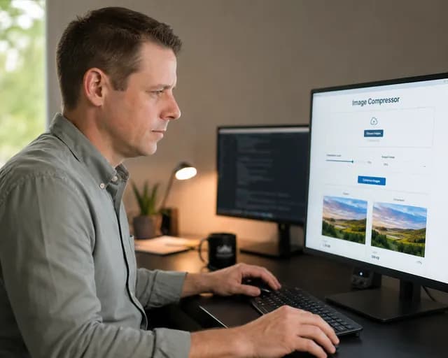 Mike Wiberg at his desk, running the Image Upscaler tool